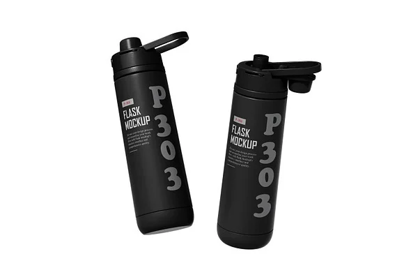 4 Plastic Flask Water Bottle Mockup