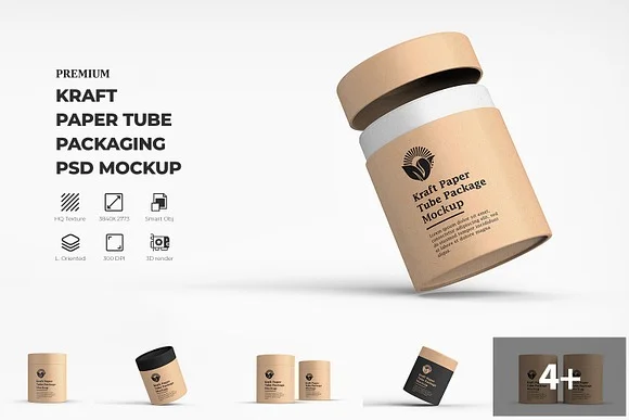 Kraft Tube Package Box PSD Mockup